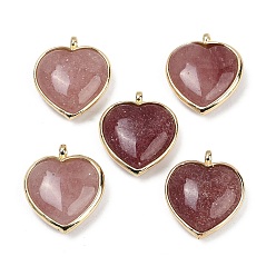 Клубничный Кварц Натуральные кварцевые подвески из клубники, с подвесками в виде сердечек из латуни с покрытием стойки, золотые, 24.5x21.5x8 мм, отверстие : 2.2 мм