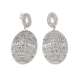 Platinum Brass Micro Pave Cubic Zirconia Stud Earrings, Oval, Platinum, 67x29.5mm