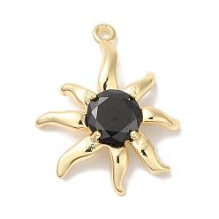 Черный Микро из латуни со стеклянными подвесками, реальный 18 k позолоченный, цветок, чёрные, 23x18x4 мм, отверстие : 1.2 мм