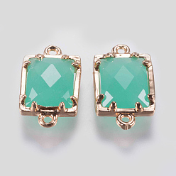 Средний Бирюзовый Соединители стеклянные ссылки, с латунной найти, граненые, прямоугольные, золотые, средне бирюзовый, 15x9x4 мм, отверстие : 0.6 мм