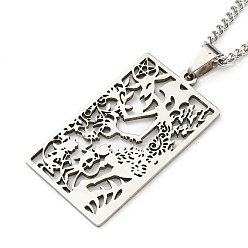 Stainless Steel Color Non-Tarnish 304 Stainless Steel Pendant Necklaces, with Curb Chain, Rectangle with Tarot, Stainless Steel Color, 23.35~23.50 inch(59.3~59.7cm)