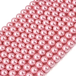 Бледно-Розовый Круглые бусины из экологически чистого окрашенного стекла с жемчугом, класс А, хлопковый шнур , розовый жемчуг, 8 мм, отверстие : 0.7~1.1 мм, около 52 шт / нитка, 15 дюйм