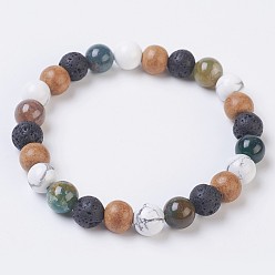 (RRHB277) Кристалл на подкладке из медово-бежевого цвета Природные индийский агат браслеты простирания, с натуральным говлитом, камнями лавы и бусинами из сандалового дерева, круглые, 2-1/8 дюйм (5.5 см), бусина : 8~8.5 mm