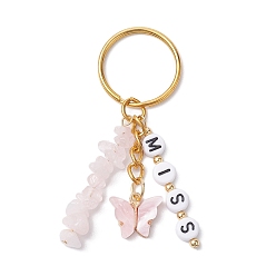 Golden Alloy Enamel Acrylic with Natural Rose Quartz Keychain, Butterfly, Word MISS, Golden, 7.2cm