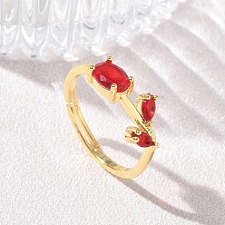 Roja Anillos ajustables de latón y cristal con forma de flor, chapado en rack, larga duración plateado, sin plomo y el cadmio, real 18 k chapado en oro, rojo, 9.5 mm, tamaño de EE. UU. 7 1/4 (17.5 mm)