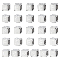 Letter A~Z 26Pcs 26 Styles 304 Stainless Steel European Beads, Large Hole Beads, Cube with Letter, Letter A~Z, 7x7x7mm, Hole: 5mm, 1pc/style 