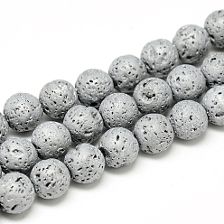 Platinum Plated Electroplate Natural Lava Rock Beads Strands, Matte Style, Round, Platinum Plated, 8x8.5mm, Hole: 1mm, about 48pcs/strand, 15.3 inch