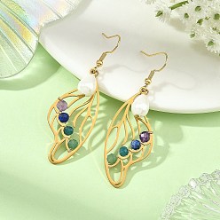 Golden 201 Stainless Steel Dangle Earrings for Women, Butterfly Wing, with Gemstone & Shell Pearl Beads, Golden, 60x19.5mm