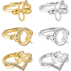 Platinum & Golden 6Pcs 6 Style Adjustable Brass Micro Pave Cubic Zirconia Finger Cup Peg Ring Settings, For Half Drilled Beads, Long-Lasting Plated, Flower & Oval, Platinum & Golden, Tray: 9~10x8~10mm, Inner Diameter: 16.8~17.6mm, 1pc/style