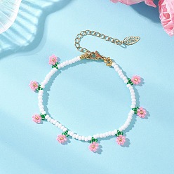 Pink Браслеты с подвесками из стеклянного бисера в виде цветочных мотивов для женщин, с 304 из нержавеющей стали Lobster Claw застежками, розовые, 7.20 дюйм (18.3 см)