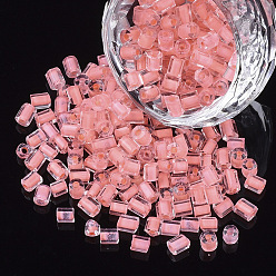 Light Coral 6/0 Two Cut Glass Seed Beads, Hexagon, Transparent Inside Colours Rainbow, Light Coral, 3.5~5x3.5~4mm, Hole: 1mm, about 4500pcs/bag