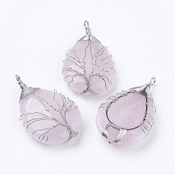Розовый Кварц Естественно розового кварца большие кулоны, слеза, Подвески из латунной проволоки, платина, 50~55x31x11 мм, отверстие : 5 мм