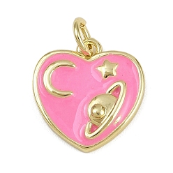 Ярко-Розовый Латунь эмаль подвески, сердце с подвесками в виде луны и планет, стойки покрытие, без кадмия и без свинца, долговечный, реальный 18 k позолоченный, ярко-розовый, 14x13.5x2 мм, отверстие : 3.2 мм
