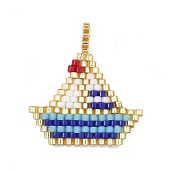 Azul Colgantes náuticos con cuentas de vidrio, encantos velero, azul, 26x23x1.5 mm, agujero: 3 mm