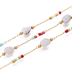 Настоящее золото 18K Бусины ручной работы самородки цепочки звеньев, с агатом и 304 нержавеющей сталью, для ожерелья браслеты решений, ионное покрытие (ip), пайки, с катушкой, реальный 18 k позолоченный, 4.5~6x4~4.5x3~4 мм