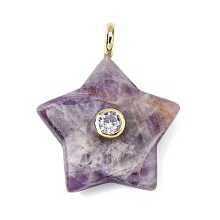 Аметист Подвески из натурального полосатого аметиста, Подвески в виде звезд с латунными фианитами в оправе из кубического циркония, золотые, 35.5~37x29.5~31.5x8.5~10.5 мм, отверстие : 4 мм