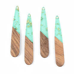 Pale Turquoise Transparent Resin & Walnut Wood Pendants, with Gold Foil, teardrop, , Pale Turquoise, 44x7.5x3mm, Hole: 1.5mm