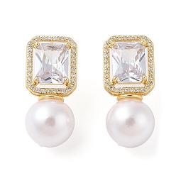 Настоящее золото 18K Серьги-гвоздики из латуни с микро-паве из прозрачного кубического циркония для женщин, с пластмассовой жемчужиной abs, без кадмия и без свинца, долговечный, прямоугольные, реальный 18 k позолоченный, 27x12 мм