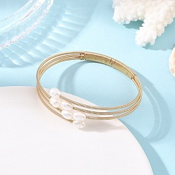 Golden Natural Freshwater Pearl & Brass 3-Strand Open Cuff Bangles, White, Golden, Inner Diameter: 2.17 inch(5.5cm)
