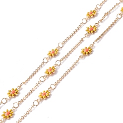 Golden Handmade Brass Enamel Link Chains, Flower, Long-Lasting Plated, Cadmium Free & Lead Free, Unwelded, with Spool, Golden, Link: 13x7x2mm