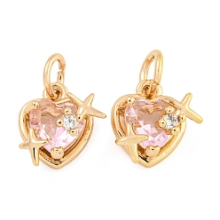 Настоящее золото 18K Покрытие стойки латунь микропаве прозрачные кубические циркониевые подвески, долговечный, без свинца и без кадмия, сердце со звездным шармом, с целью перехода в кольце, розовые, реальный 18 k позолоченный, 12x10x7 мм, отверстие : 3.5 мм