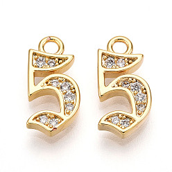 Настоящее золото 18K Латунные микро проложить кубического циркония прелести, число 5, реальный 18 k позолоченный, 13~14x4.5~8x2 мм, отверстие : 1.5 мм