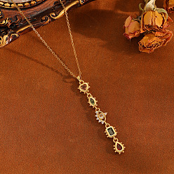 Golden Brass Pave Colorful Cubic Zirconia Geometric Heart Tassel Long Pendant 304 Stainless Steel Cable Chain Necklaces for Women, Golden, 15.75 inch(40cm), Pendant: 55x9mm