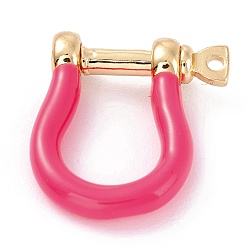 Fuchsia Brass Enamel D-Ring Anchor Shackle Clasps, Real 18K Gold Plated, for Bracelets Making, Fuchsia, 18x15~17x4.5~5mm, Hole: 8mm