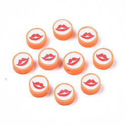 Sandy Brown Handmade Polymer Clay Beads, Flat Round with Mouth, Sandy Brown, 9.5~10x4~4.5mm, Hole: 1.6mm