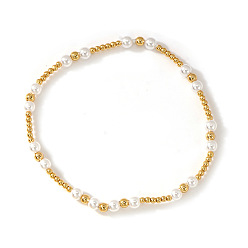 Круглые 304 Эластичные браслеты из нержавеющей стали и бусин из искусственного жемчуга, золотые, круглые, внутренний диаметр: 6.89 дюйм (17.5 см)