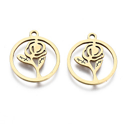 Golden Valentinstag 201 Edelstahlanhänger, Laserschnitt, hohl, Ring mit Rose, golden, 17x15x1 mm, Bohrung: 1.4 mm