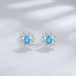 Темно-Голубой Цветок 925 серьги-гвоздики из стерлингового серебра с паве из кубического циркония, платина, родий, глубокое синее небо, 10 мм