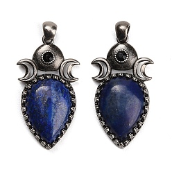 Lapis Lazuli Dyed Natural Lapis Lazuli Pendants, Brass Rhinestone Triple Moon Teardrop Bezeled Charms, Antique Silver, 44x24x7mm, Hole: 5x5mm