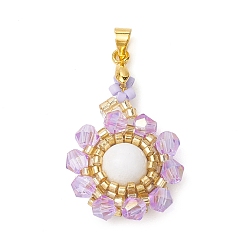 Сливовый Подвески из натурального нефрита машан (окрашенные и нагретые), Цветочные стеклянные бусины в обертке с латунными дужками золотистого цвета, слива, 34x20x8 мм, отверстие : 3.5x4 мм