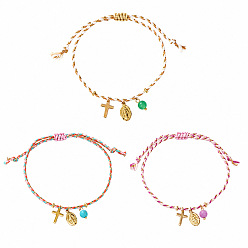 Color mezclado 3pcs 3 colores conjuntos de pulseras con dijes de cruz religiosa de latón bohemio virgen, Pulseras apilables ajustables de cordón de algodón trenzado, dorado, color mezclado, 11.02 pulgada (28 cm), 1 pc / color