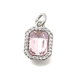 Розовый Латунь стекло кулоны, прямоугольный шарм, с кубическим цирконием и прыгающим кольцом, граненые, платина, туманная роза, 13.5x9x5 мм, отверстие : 3 мм