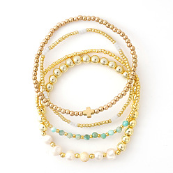 Аквамарин 4Шт. браслеты из натуральных аквамаринов, CCB и стеклянных бусин круглой формы для женщин, с имитацией жемчуга, внутренний диаметр: 6-1/2 дюйм (16.5 см) ~ 6-7/8 дюйм (17.5 см)