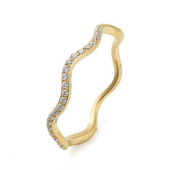 Настоящее золото 18K Ионное покрытие (ip) 304 кольца из нержавеющей стали, с кубического циркония, волна, реальный 18 k позолоченный, внутренний диаметр: 17 мм