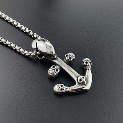 Нержавеющая Сталь Цвет Винтажные 304 ожерелья из нержавеющей стали с подвеской в виде черепа и якоря для мужчин, цвет нержавеющей стали