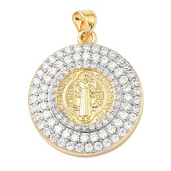 Плоский Круглый Латунные микро проложить кубического циркония подвески, плоский круглый с подвесками Святого Бенедикта, без свинца и без кадмия, стойки покрытие, долговечный, реальный 18 k позолоченный, плоско-круглые, 27x23.5x4 мм, отверстие : 5x3 мм