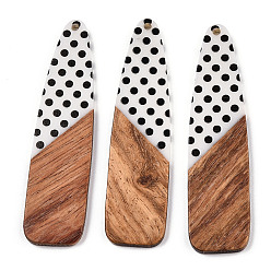 White Printed Opaque Resin & Walnut Wood Big Pendants, Teardrop Charm with Polka Dot Pattern, White, 66.5x17x3.5mm, Hole: 2mm