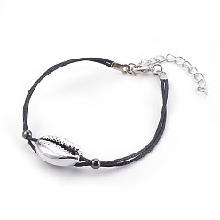 Platine Bracelets en corde de coton ciré, avec des perles de coquille galvanisées, cauris, platine, 7-1/2 pouces ~ 7-5/8 pouces (19~19.5 cm)
