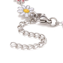 Colorful Enamel Daisy Link Chains Bracelet, 304 Stainless Steel Jewelry for Women, Stainless Steel Color, Colorful, 7-1/4 inch(18.4cm)