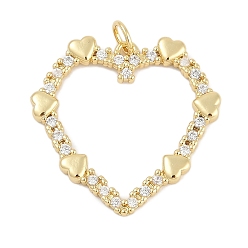 Настоящее золото 18K Стойки обшивки латунные подвески, сердце прелести, с кубического циркония, долговечный, без свинца и без кадмия, с целью перехода в кольце, реальный 18 k позолоченный, 24.5x25x2 мм, отверстие : 3 мм