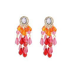 Carmesí Pendientes de botón con borla en forma de lágrima de aleación de zinc y acrílico para mujer, la luz de oro, carmesí, 69x31 mm