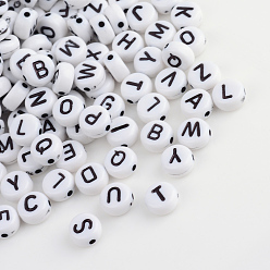 Black Acrylic Horizontal Hole Letter Beads, Flat Round with Letter, Black, 7x3.5~4mm, Hole: 1mm, about 3600pcs/500g