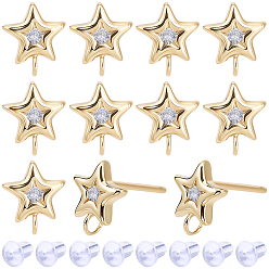 Star 16Pcs Brass Micro Pave Clear Cubic Zirconia Stud Earring Findings, Long-Lasting Plated, Nickel Free, Real 18K Gold Plated, 20Pcs Plastic Ear Nuts, with Loop, Star, 9.2x8.1mm, Hole: 2mm, Pin: 0.8mm