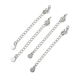 Real Platinum Plated SHEGRACE Brass Curb Chain Extender, End Chains with Lobster Claw Clasps and Flat Round Charms, Cadmium Free & Nickel Free & Lead Free, Real Platinum Plated, 58~60x5mm