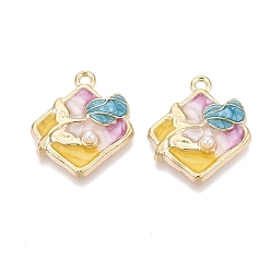 Золотистый Подвески из эмали и сплава, Подвески в виде ромба и розы, с ABS имитации жемчуга, золотой свет, золотые, 23x20x4.5 мм, отверстие : 1.8 мм