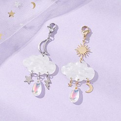 Золотой & Цвет Нержавеющей Стали 2шт. акриловые подвесные украшения в виде облаков, со стеклянными подвесками и 304 фурнитурой из нержавеющей стали, золотые и нержавеющая сталь цвет, 65~68 мм